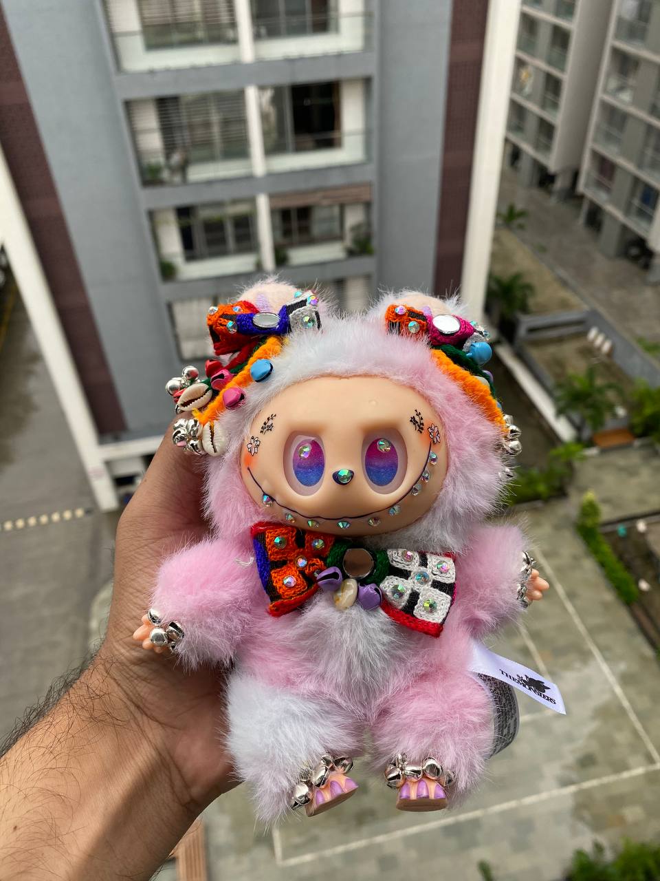 Traditional Custom Labubu Figure | Handmade Beaded & Jeweled Kawaii Toy | Collectible Fantasy Plush with Colorful Bow and Bells