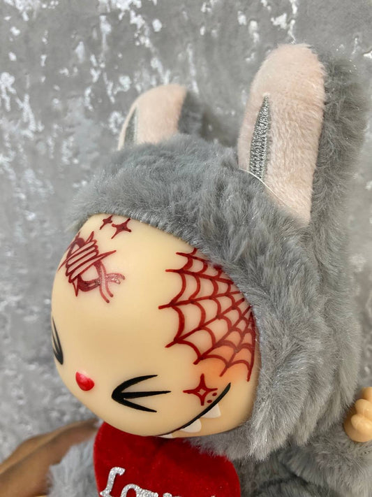 Have A Seat Custom Labubu Plush Doll with Tattoo Love, Edgy Grey Faux Fur Art Toy, Red Heart Accent, Quirky Collectible Gift for Kawaii Plush Fans