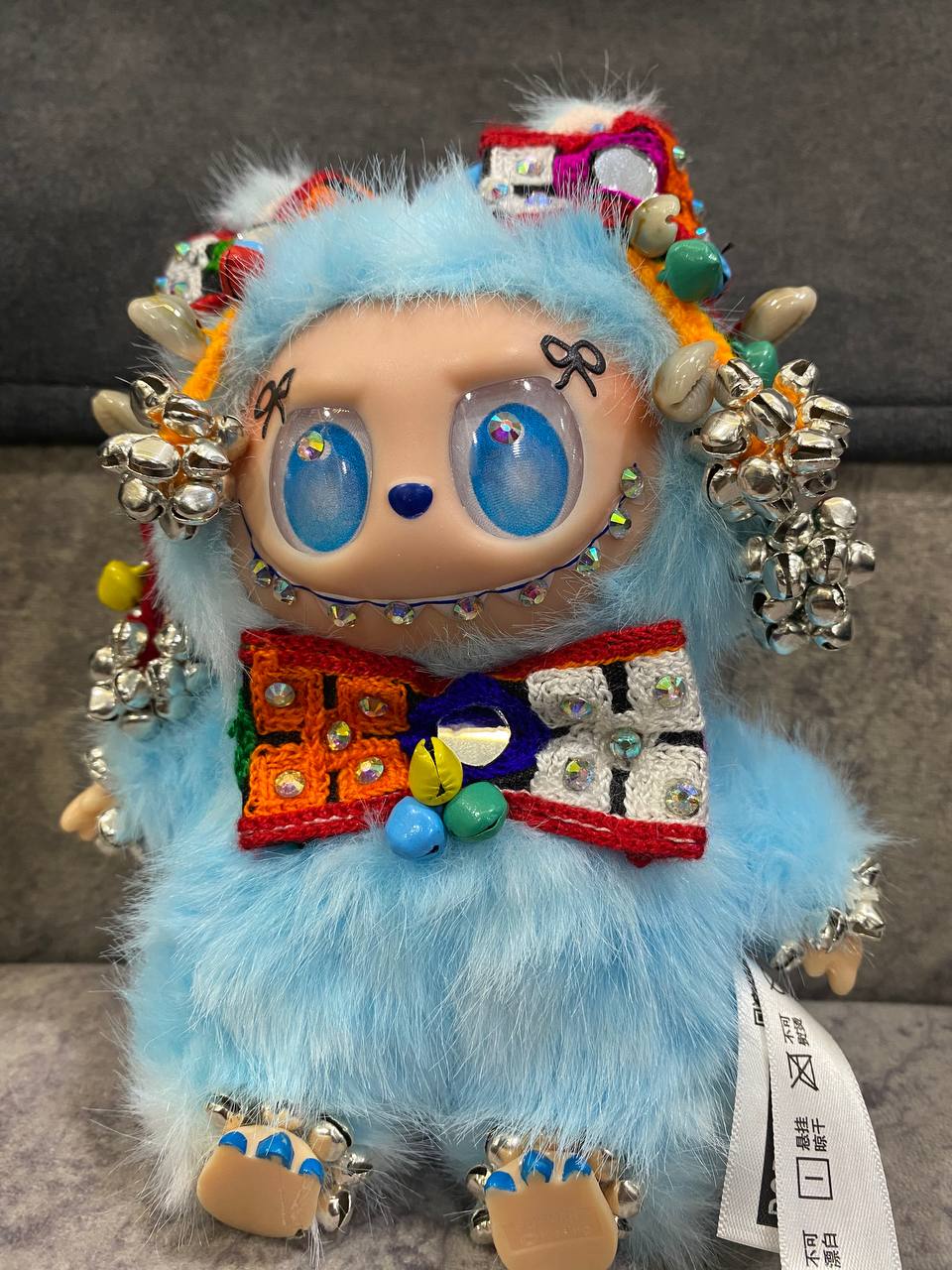 Traditional Custom Labubu Figure | Handmade Beaded & Jeweled Kawaii Toy | Collectible Fantasy Plush with Colorful Bow and Bells