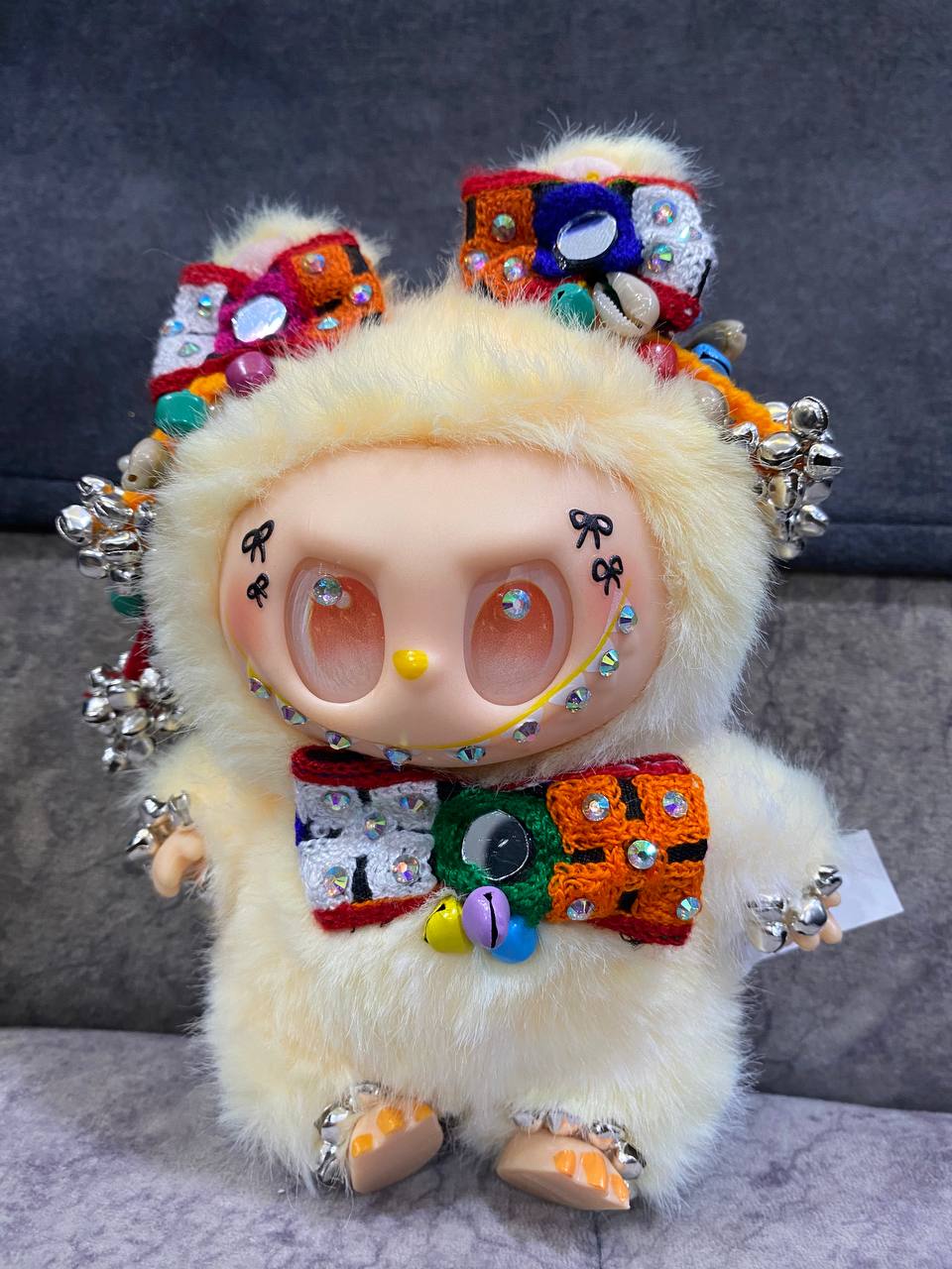 Traditional Custom Labubu Figure | Handmade Beaded & Jeweled Kawaii Toy | Collectible Fantasy Plush with Colorful Bow and Bells
