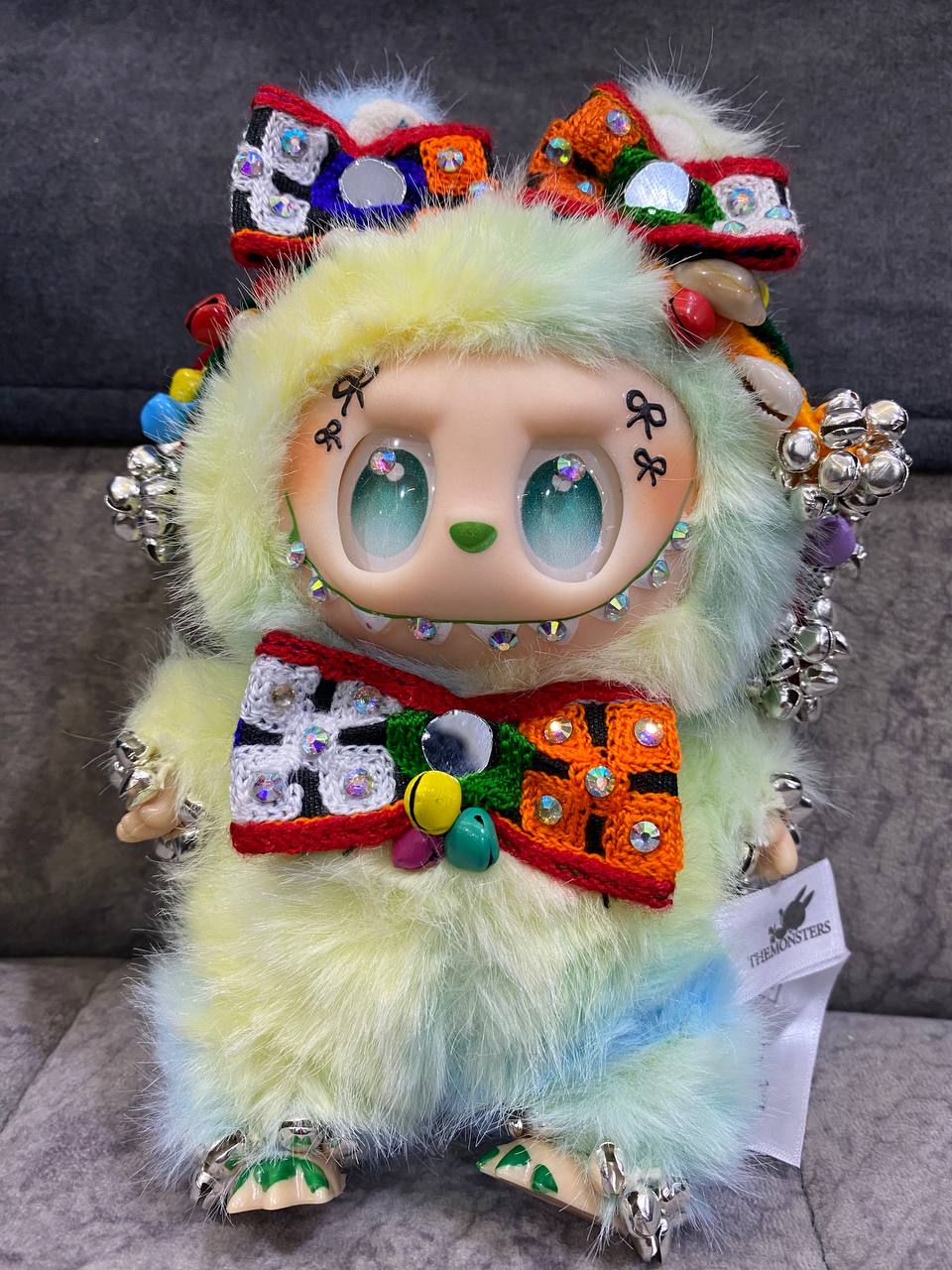 Traditional Custom Labubu Figure | Handmade Beaded & Jeweled Kawaii Toy | Collectible Fantasy Plush with Colorful Bow and Bells
