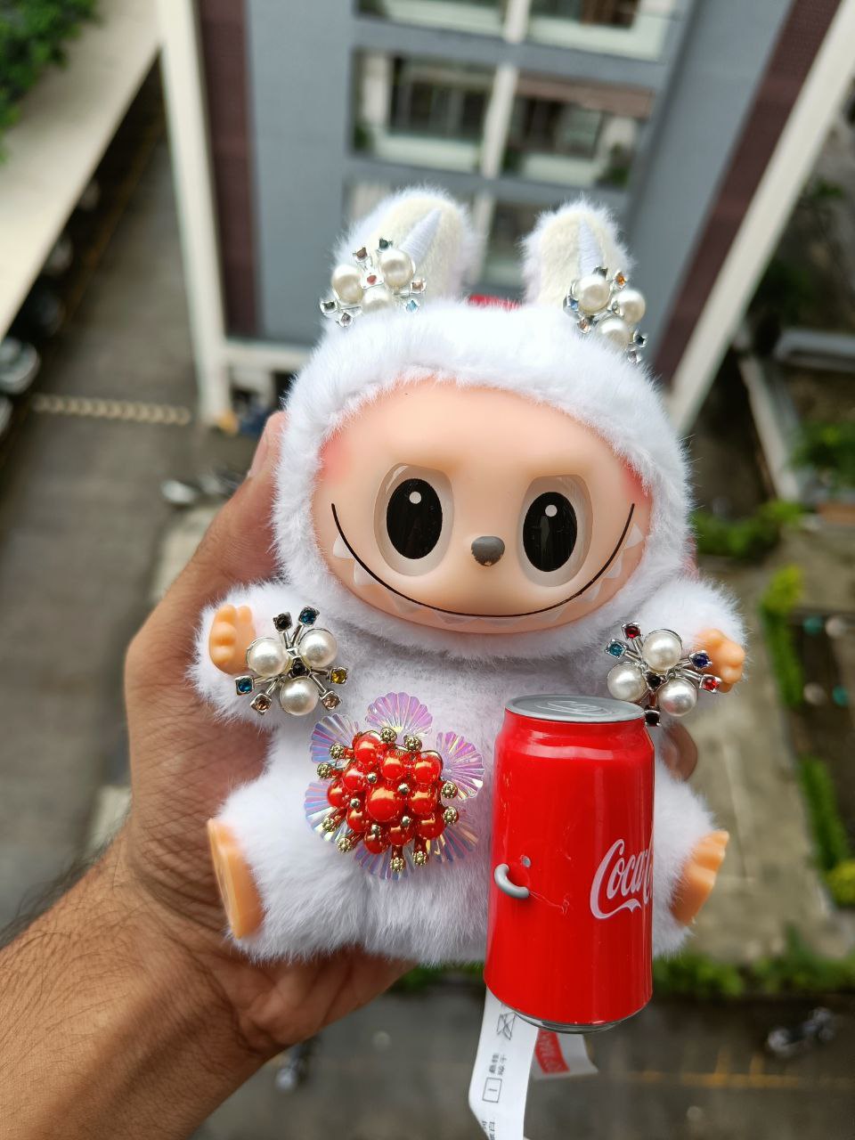 Custom White Labubu Plush Doll with Brooch, Kawaii Edgy Toy, Coca-Cola Edition, Tattoo-Inspired Plush, Quirky Collectible Gift for Her