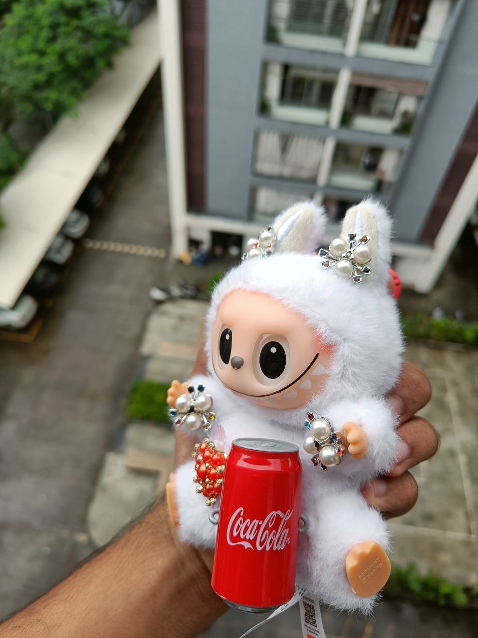 Custom White Labubu Plush Doll with Brooch, Kawaii Edgy Toy, Coca-Cola Edition, Tattoo-Inspired Plush, Quirky Collectible Gift for Her