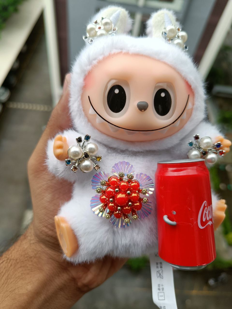 Custom White Labubu Plush Doll with Brooch, Kawaii Edgy Toy, Coca-Cola Edition, Tattoo-Inspired Plush, Quirky Collectible Gift for Her