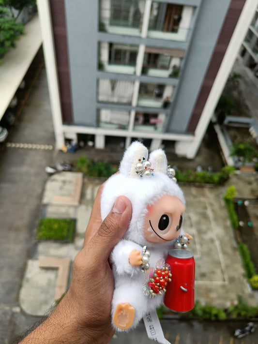 Custom White Labubu Plush Doll with Brooch, Kawaii Edgy Toy, Coca-Cola Edition, Tattoo-Inspired Plush, Quirky Collectible Gift for Her