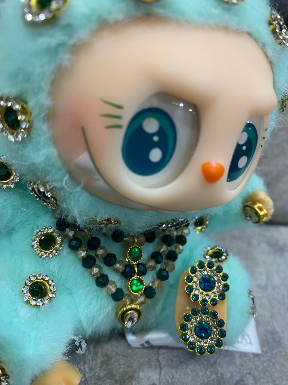 Luxury Bejeweled Labubu Plush Art Doll – Designer Mint Green Bunny with Intricate Gemstone Details, Collectible Decorative Toy