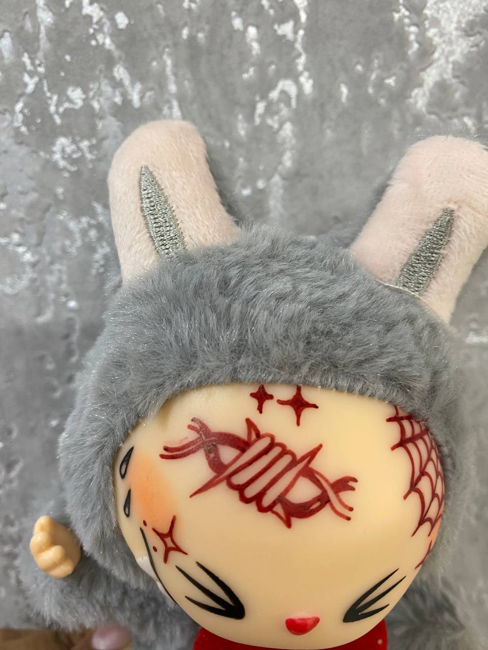 Have A Seat Custom Labubu Plush Doll with Tattoo Love, Edgy Grey Faux Fur Art Toy, Red Heart Accent, Quirky Collectible Gift for Kawaii Plush Fans