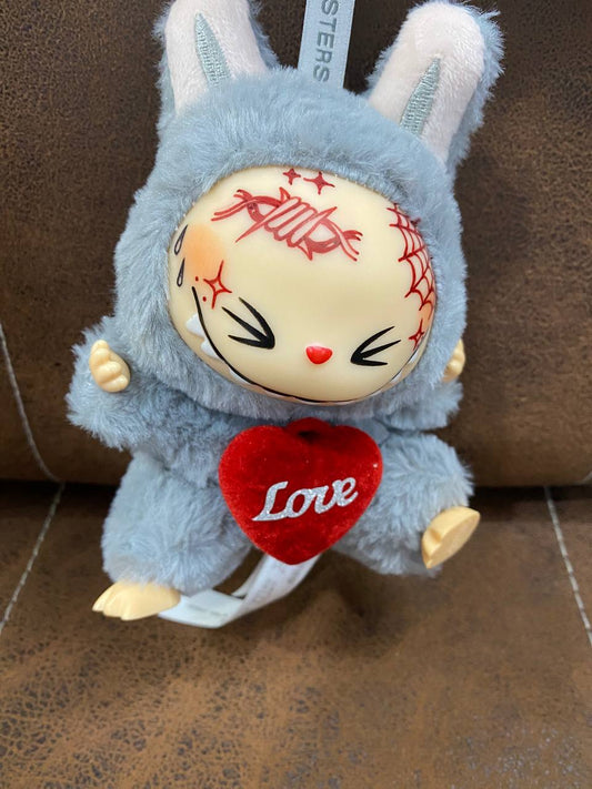 Have A Seat Custom Labubu Plush Doll with Tattoo Love, Edgy Grey Faux Fur Art Toy, Red Heart Accent, Quirky Collectible Gift for Kawaii Plush Fans