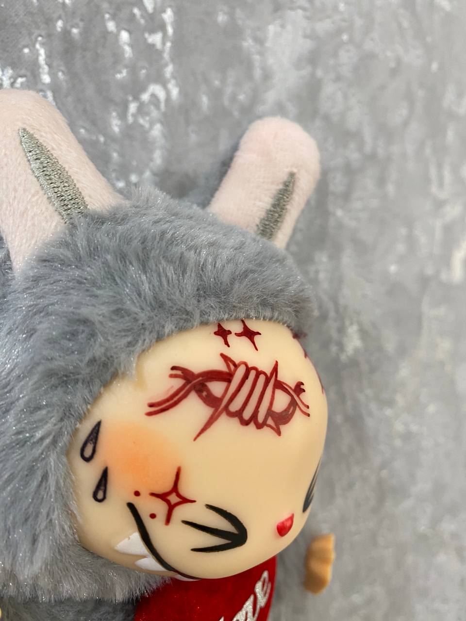 Have A Seat Custom Labubu Plush Doll with Tattoo Love, Edgy Grey Faux Fur Art Toy, Red Heart Accent, Quirky Collectible Gift for Kawaii Plush Fans