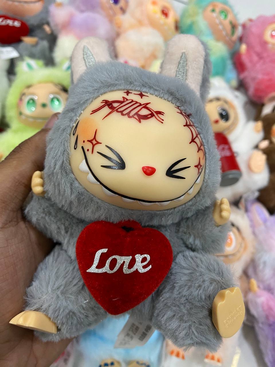 Have A Seat Custom Labubu Plush Doll with Tattoo Love, Edgy Grey Faux Fur Art Toy, Red Heart Accent, Quirky Collectible Gift for Kawaii Plush Fans