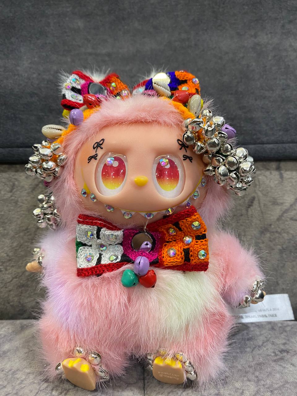 Traditional Custom Labubu Figure | Handmade Beaded & Jeweled Kawaii Toy | Collectible Fantasy Plush with Colorful Bow and Bells