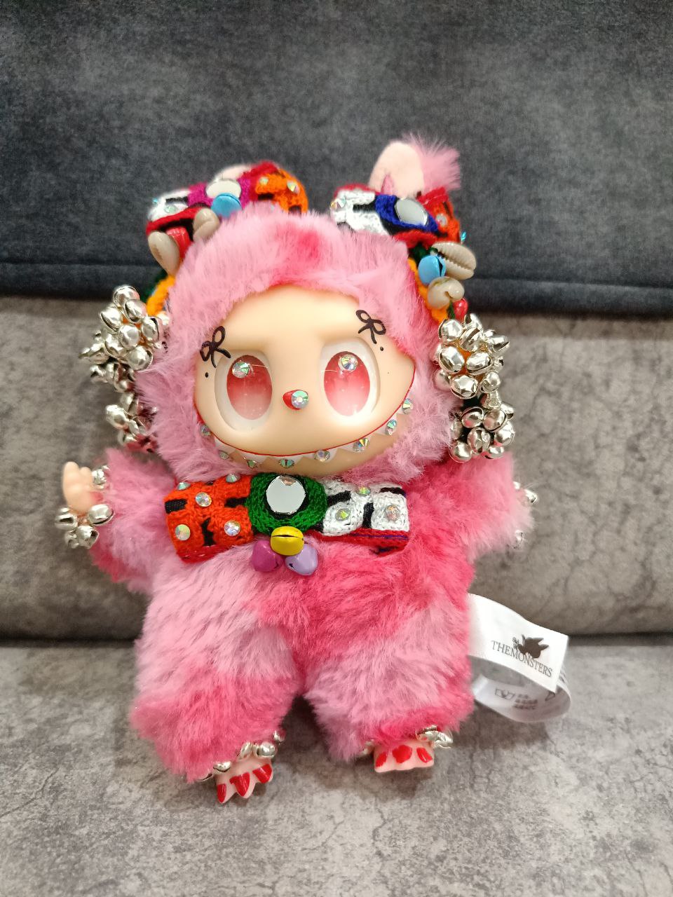 Traditional Custom Labubu Figure | Handmade Beaded & Jeweled Kawaii Toy | Collectible Fantasy Plush with Colorful Bow and Bells