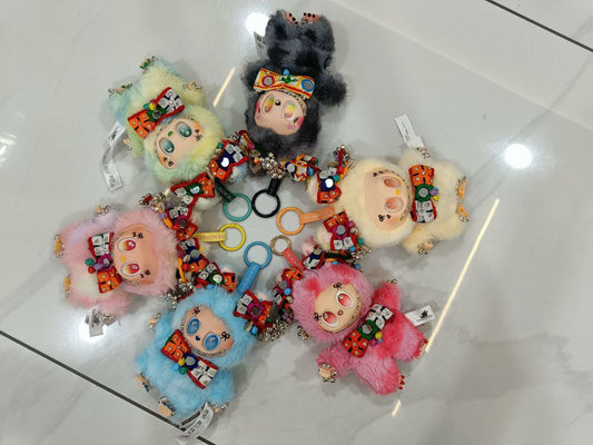 Traditional Custom Labubu Figure | Handmade Beaded & Jeweled Kawaii Toy | Collectible Fantasy Plush with Colorful Bow and Bells