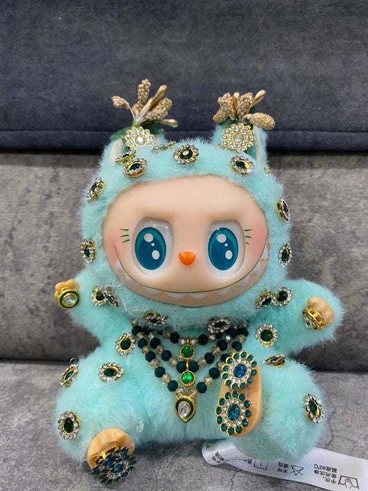 Luxury Bejeweled Labubu Plush Art Doll – Designer Mint Green Bunny with Intricate Gemstone Details, Collectible Decorative Toy