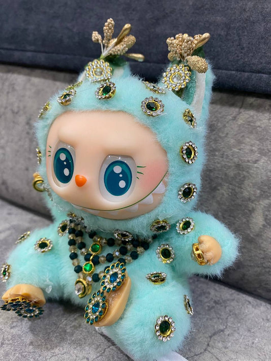 Luxury Bejeweled Labubu Plush Art Doll – Designer Mint Green Bunny with Intricate Gemstone Details, Collectible Decorative Toy