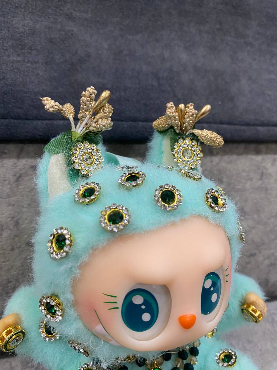 Luxury Bejeweled Labubu Plush Art Doll – Designer Mint Green Bunny with Intricate Gemstone Details, Collectible Decorative Toy